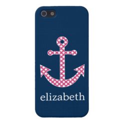 Cute Pink Polka Dot Anchor with Navy Custom Name Case For iPhone SE/5/5s