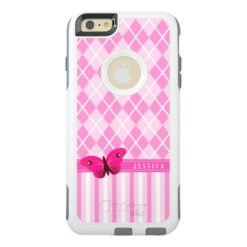 Cute Pretty Pink Argyle and Stripes Butterfly OtterBox iPhone 6/6s Plus Case