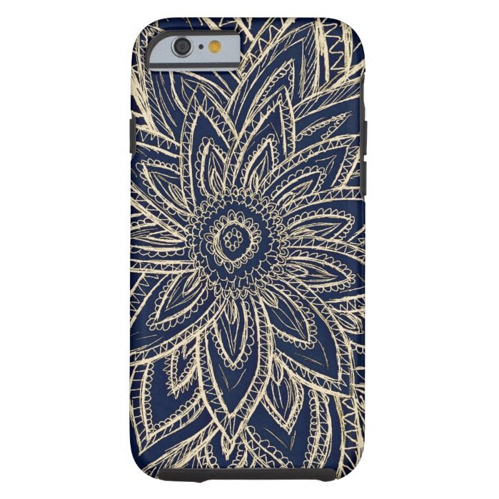 Cute Retro Gold abstract Flower Drawing on Black Tough iPhone 6 Case