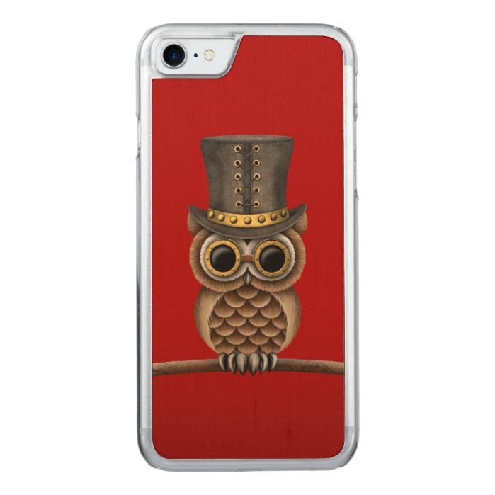 Cute Steampunk Owl on a Branch on Red Carved iPhone 7 Case