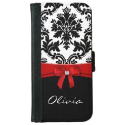 Damask Ribbon Bow Red Wallet Phone Case For iPhone 6/6s