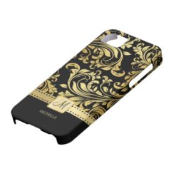 Elegant Black & Gold Damask with Monogram iPhone SE/5/5s Case