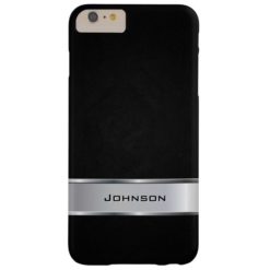 Elegant Black Leather Look with Silver Metal Label Barely There iPhone 6 Plus Case