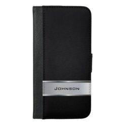 Elegant Black Leather Look with Silver Metal Label iPhone 6/6s Plus Wallet Case