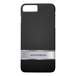 Elegant Black Leather Look with Silver Metal Label iPhone 7 Plus Case