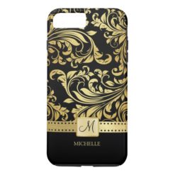 Elegant Black and Gold Damask with Monogram iPhone 7 Plus Case
