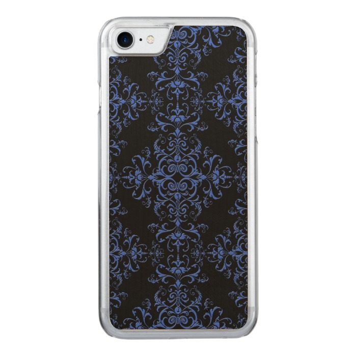 Elegant Blue and Black Damask Style Pattern Carved iPhone 7 Case