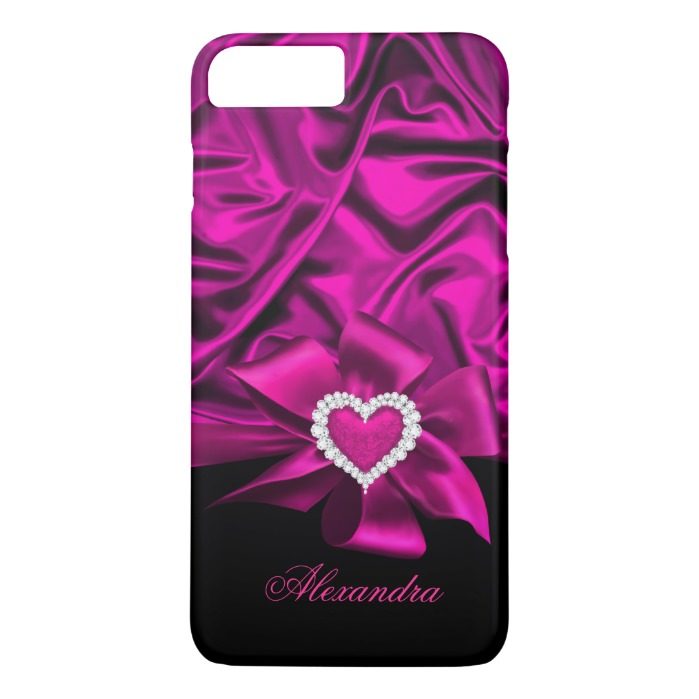 Elegant Dark Pink Silk Look Black Heart Jewel iPhone 7 Plus Case