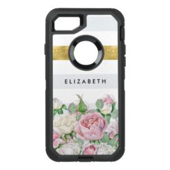 Elegant FAUX Gold Stripe With Pink Roses and Name OtterBox Defender iPhone 7 Case