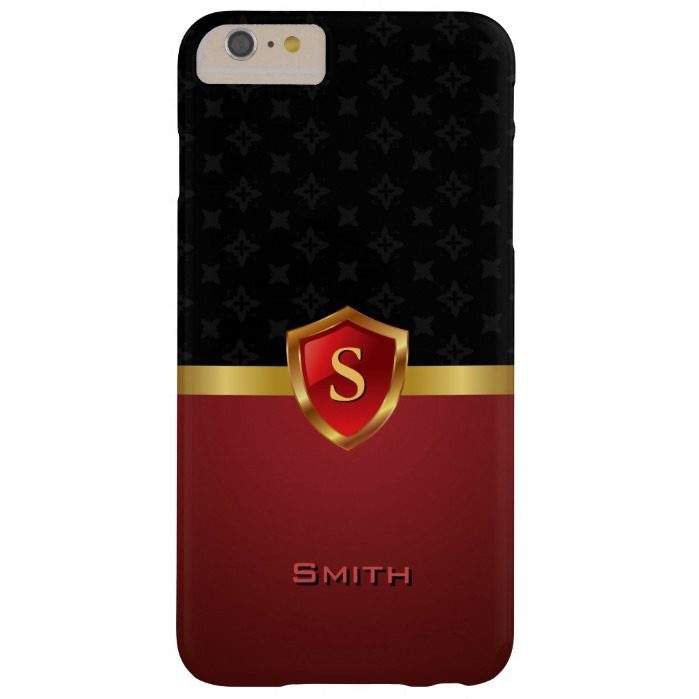 Elegant Gold Shield Monogram Dark Red Pattern Barely There iPhone 6 Plus Case