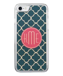 Elegant Navy Blue Quatrefoil with Pink Monogram Carved iPhone 7 Case