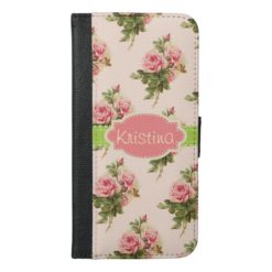 Elegant Vintage Floral Rose Pink Green Name iPhone 6/6s Plus Wallet Case