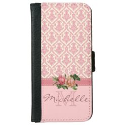Elegant Vintage Pink Damask Floral Monogram Name iPhone 6/6s Wallet Case