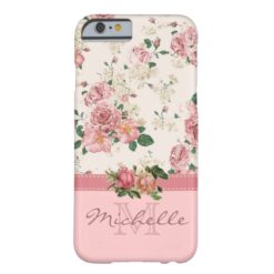 Elegant Vintage Pink Floral Rose Monogram Name Barely There iPhone 6 Case