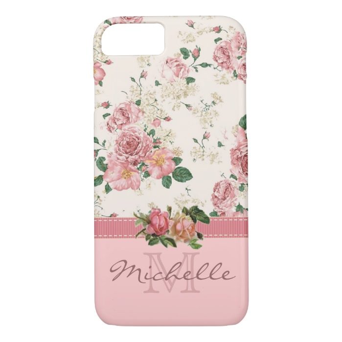 Elegant Vintage Pink Floral Rose Monogram Name iPhone 7 Case