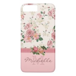 Elegant Vintage Pink Floral Rose Monogram Name iPhone 7 Plus Case