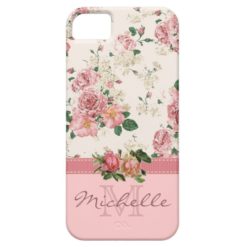 Elegant Vintage Pink Floral Rose Monogram Name iPhone SE/5/5s Case