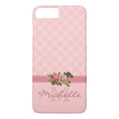 Elegant Vintage Pink Plaid & Floral Monogram Name iPhone 7 Plus Case