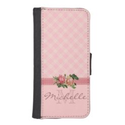 Elegant Vintage Pink Plaid Floral Monogram Name iPhone SE/5/5s Wallet Case