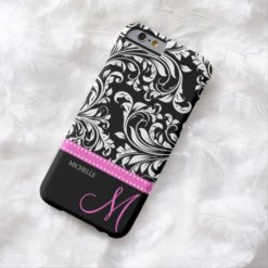 Elegant black and white Damask with Pink monogram Barely There iPhone 6 Case