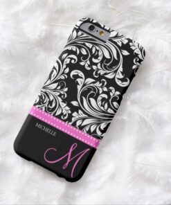 Elegant black and white Damask with Pink monogram Barely There iPhone 6 Case