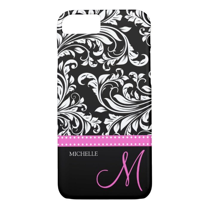 Elegant black and white Damask with Pink monogram iPhone 7 Case