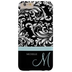 Elegant black & white floral damask with monogram barely there iPhone 6 plus case