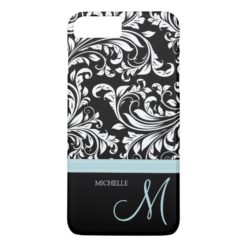 Elegant black & white floral damask with monogram iPhone 7 plus case