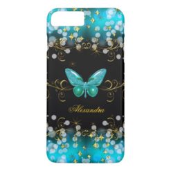 Exotic Teal Blue Gold Black Butterfly Sparkles iPhone 7 Plus Case