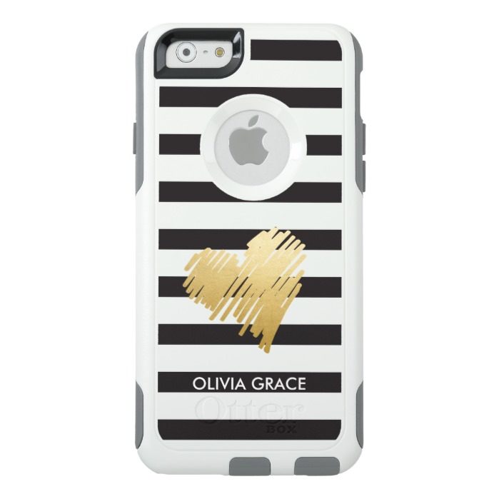 Faux Gold Heart Black White Striped Personalized OtterBox iPhone 6/6s Case