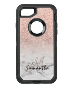 Faux rose pink glitter ombre white marble OtterBox defender iPhone 7 case