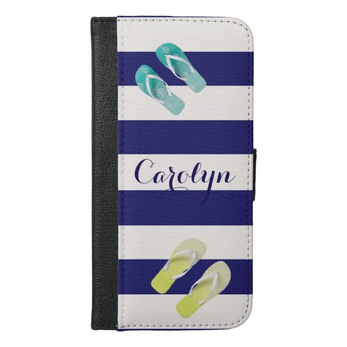 Flip flops on blue white nautical stripes add name iPhone 6/6s plus wallet case