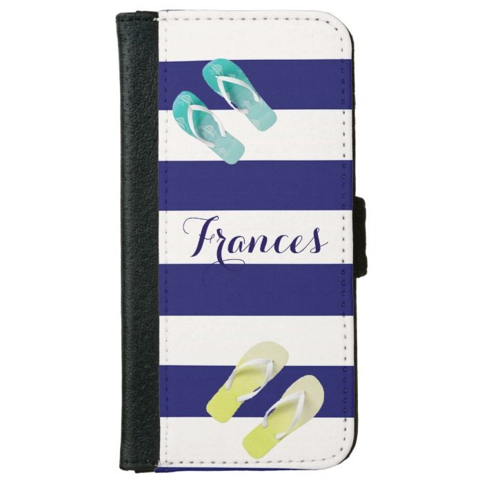 Flip flops on blue white nautical stripes add name iPhone 6/6s wallet case