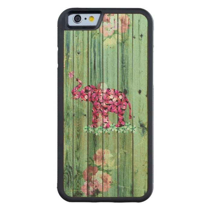 Flower Elephant Pink Sakura Green Striped Wood Carved Maple iPhone 6 Bumper
