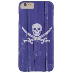 Fun skull cross swords on blue wood panel printed barely there iPhone 6 plus case