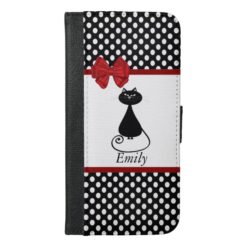 Fun trendy girly whimsical cat polka dots monogram iPhone 6/6s plus wallet case