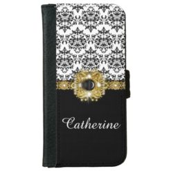 Girls black white damask gems name wallet phone case for iPhone 6/6s
