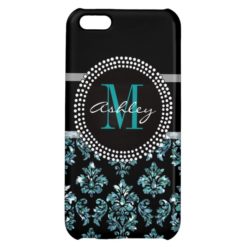 Girly Blue Glitter Black Damask Personalized Cover For iPhone 5C