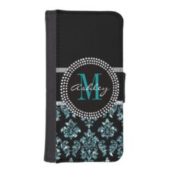 Girly Blue Glitter Black Damask Personalized iPhone SE/5/5s Wallet Case