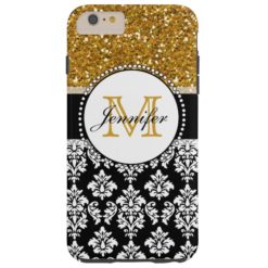 Girly Gold Glitter Black Damask Personalized Tough iPhone 6 Plus Case