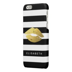 Girly Gold Lips with Trendy Black White Stripes Glossy iPhone 6 Case
