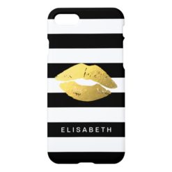 Girly Gold Lips with Trendy Black White Stripes iPhone 7 Case