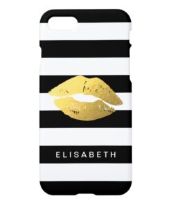 Girly Gold Lips with Trendy Black White Stripes iPhone 7 Case