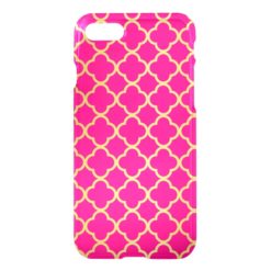 Girly Hot Pink Gold Quatrefoil Pattern Transparent iPhone 7 Case