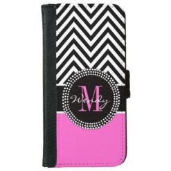 Girly Hot Pink and Black Chevron Monogram Wallet Phone Case For iPhone 6/6s