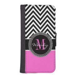 Girly Hot Pink and Black Chevron Monogram iPhone SE/5/5s Wallet