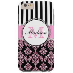 Girly Modern Pink Glitter Damask Personalized Tough iPhone 6 Plus Case