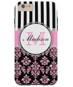 Girly Modern Pink Glitter Damask Personalized Tough iPhone 6 Plus Case