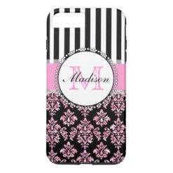 Girly Modern Pink Glitter Damask Personalized iPhone 7 Plus Case