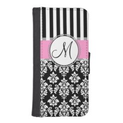 Girly Pink Black Damask Your Monogram Initial iPhone SE/5/5s Wallet Case